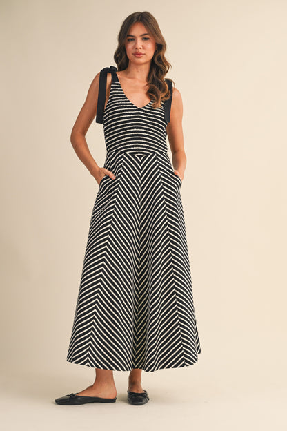 Striped Knit Contrast Straps Smocked Bodice Dress ID9356