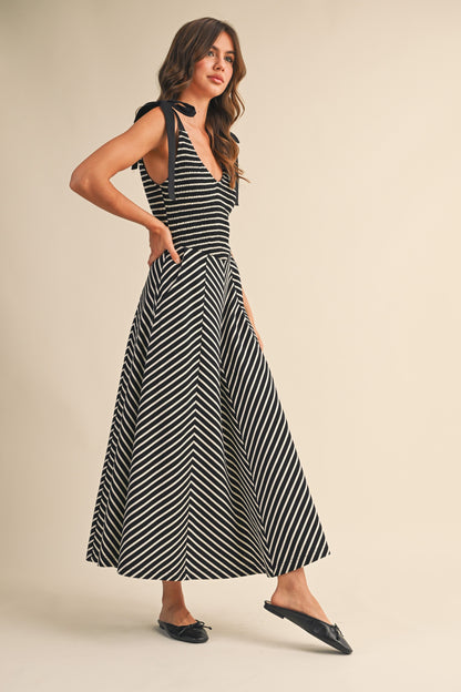 Striped Knit Contrast Straps Smocked Bodice Dress ID9356