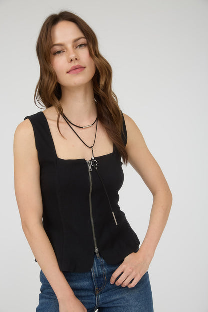 Zip-up Square Neck Sleeveless Blouse TW1939