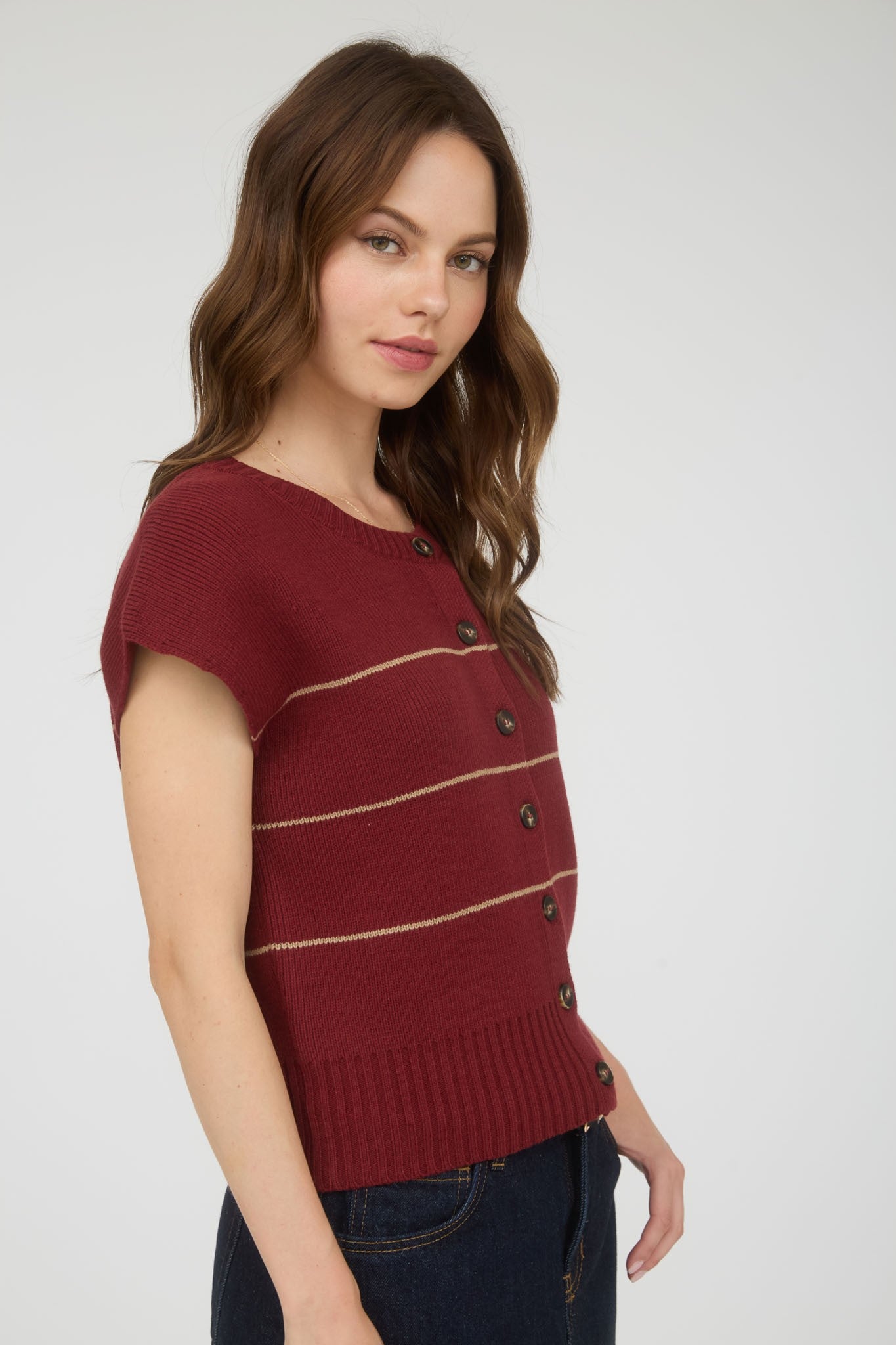 Stripe Button Down Short Sleeve Knit Cardigan TW2029