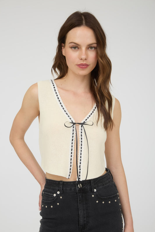 Front Tie Lace Trim With Ribbon Knit Vest TW1860