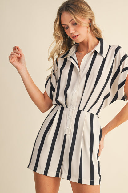 Striped Button Down Romper With Folded Sleeves IR2278