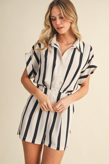 Striped Button Down Romper With Folded Sleeves IR2278