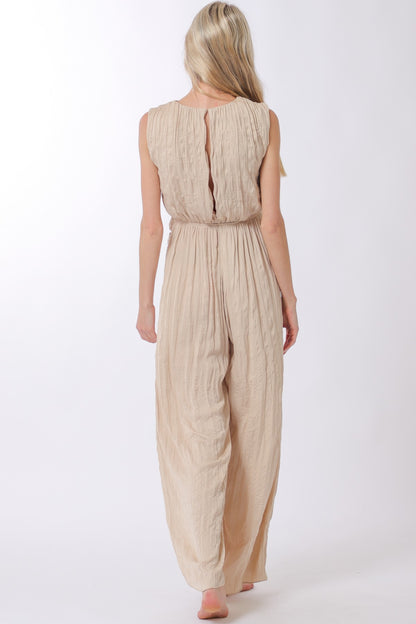 Sleeveless Cf Buckle Waisted Pleated Jumpsuit RA93353H