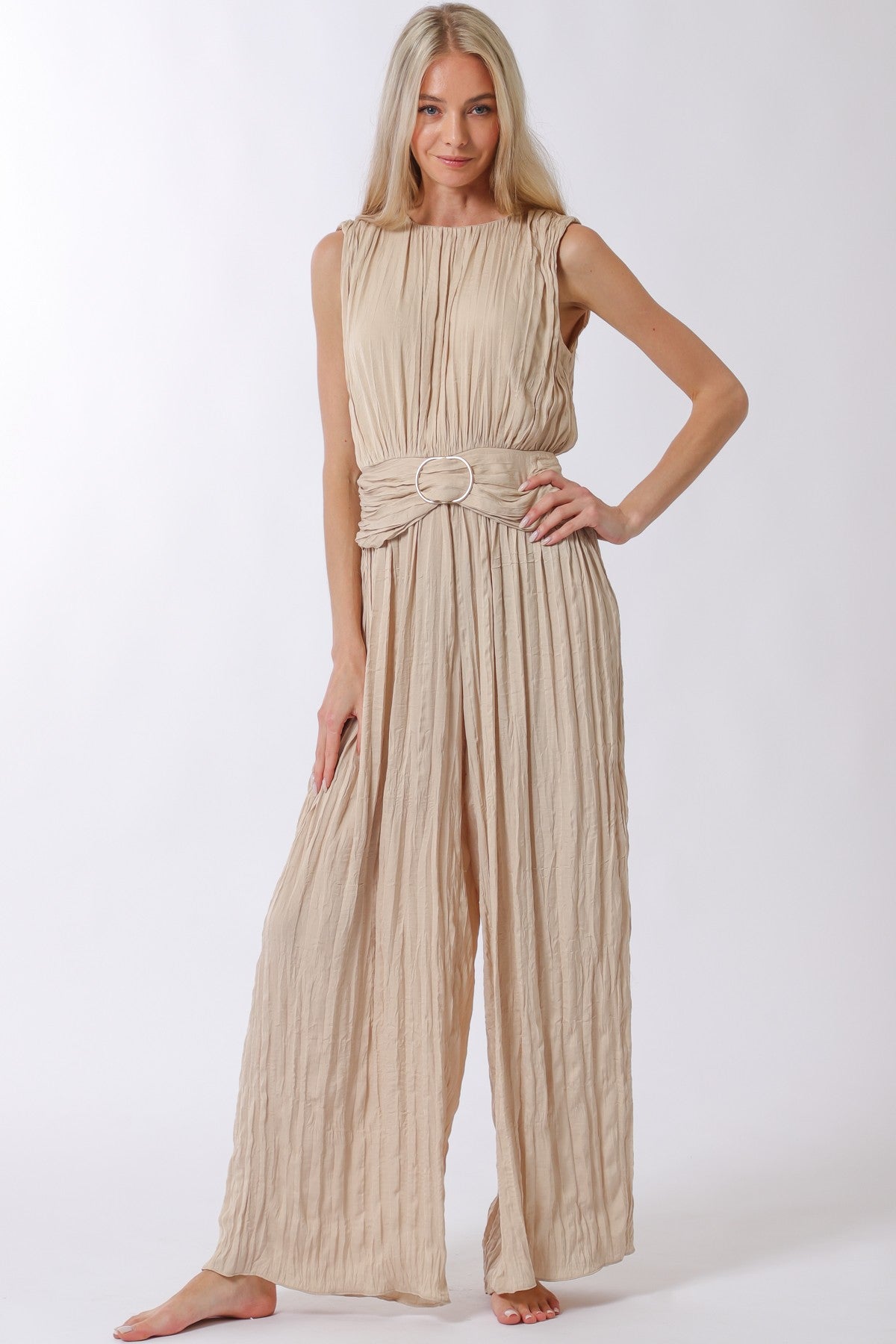 Sleeveless Cf Buckle Waisted Pleated Jumpsuit RA93353H