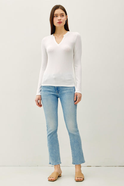 Modal Classic Ribbed Notched V-neck Basic Top 19709-1