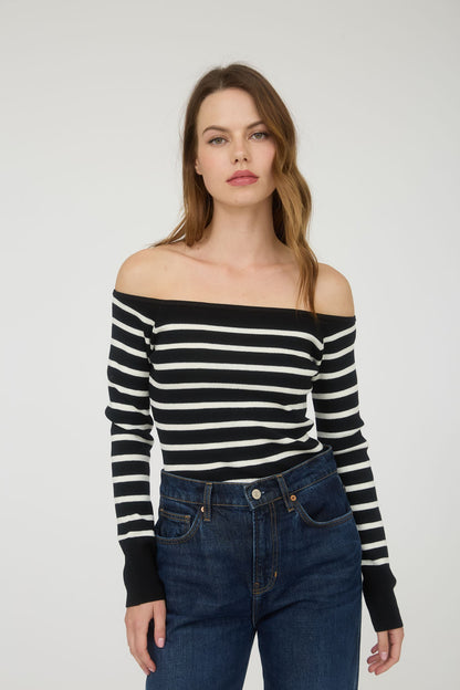 Stripe Off The Shoulder Long Sleeve Knit Sweater TW1521