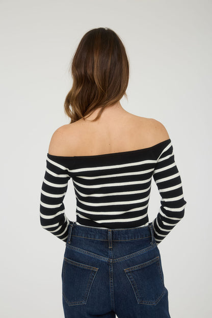 Stripe Off The Shoulder Long Sleeve Knit Sweater TW1521