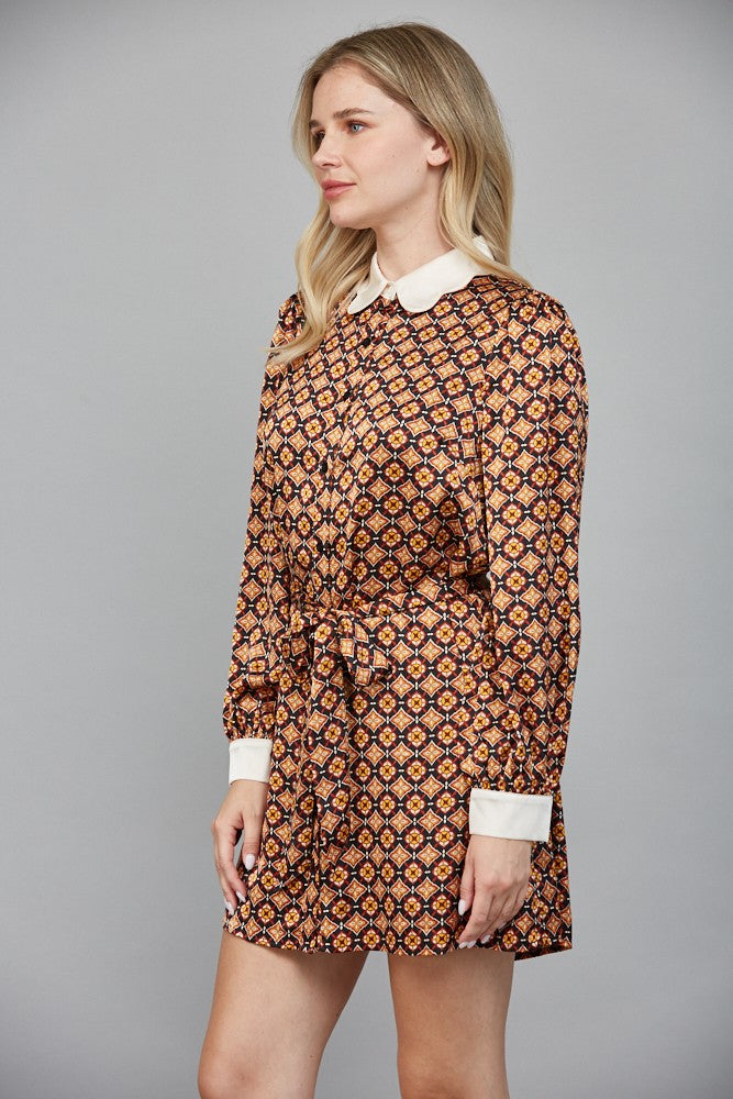 Scallop Collar Mini Dress With Self Waist Sash FD32333