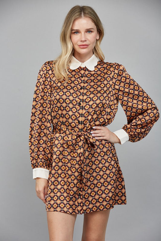 Scallop Collar Mini Dress With Self Waist Sash FD32333