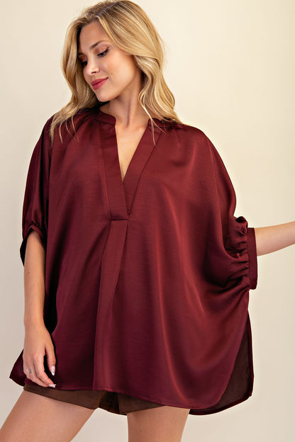 V-neck Placket Oversized Satin Top GT9352