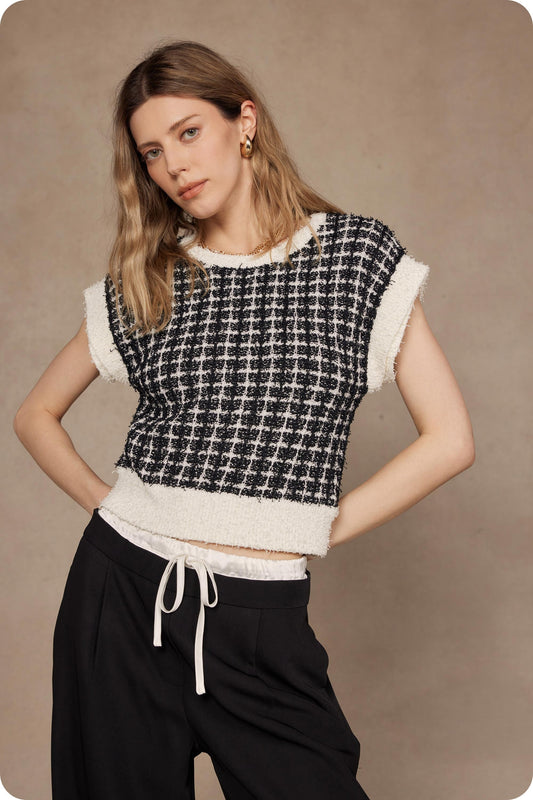 Sleeveless Check Tweed Knit Sweater Top SSB-TK-40037-L