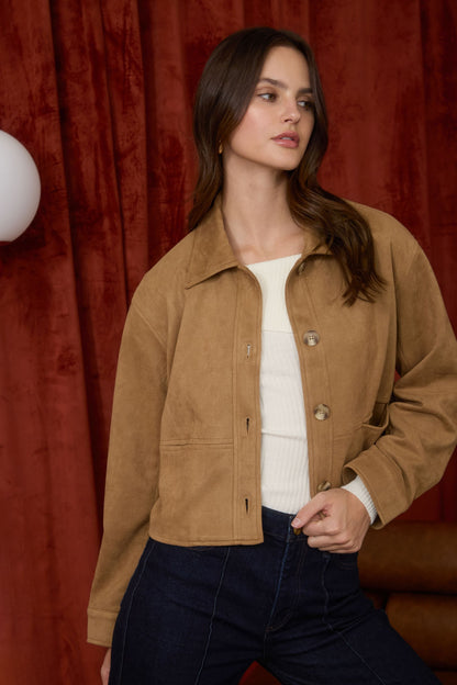 Suede Collared Button Down Cropped Jacket TWS1150