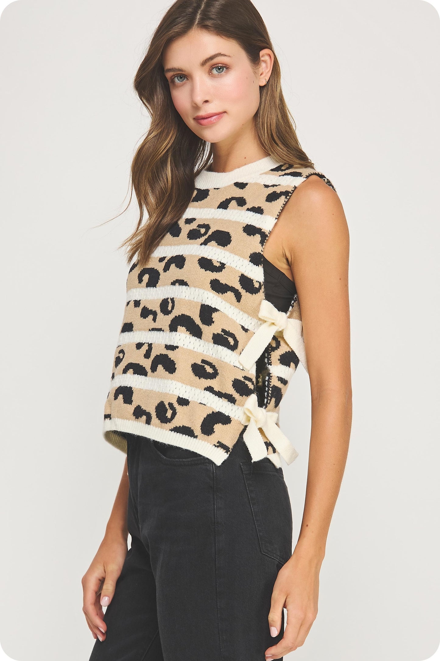 Animal Striped Side Bow Detail Knit Top TK-40133-H