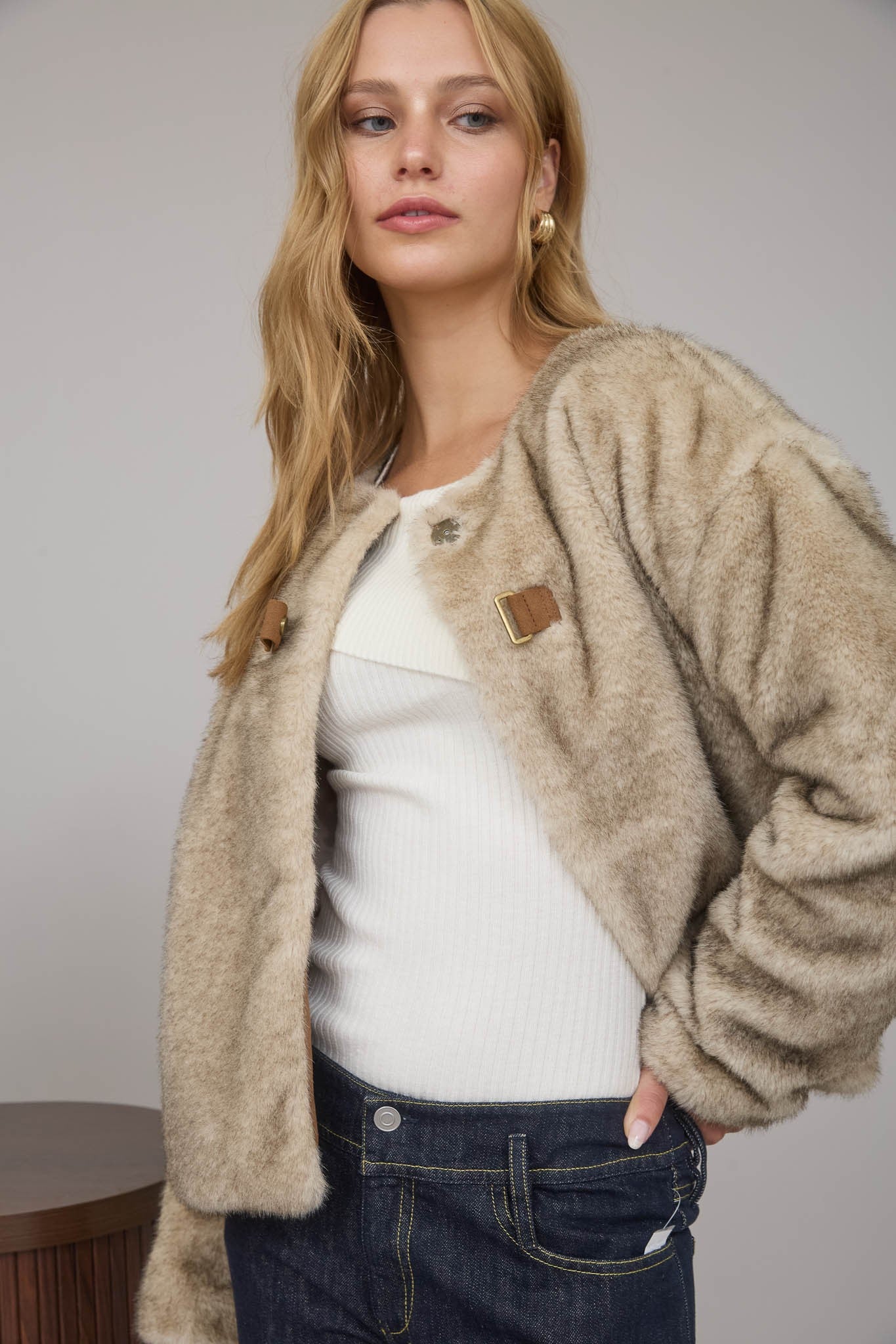 Faux Fur Front Tab Detail Coat TWS1135