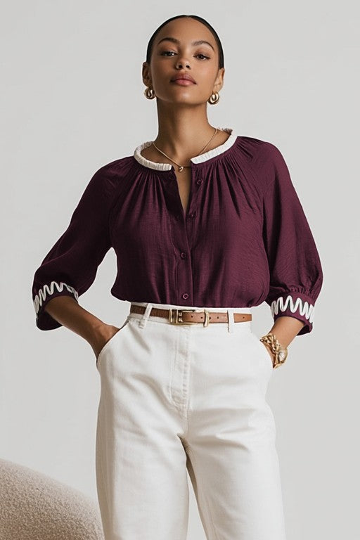 Abstract Applique Popover Blouse VB9011