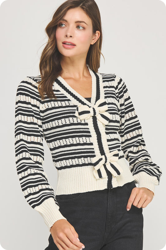 Bow Detail Striped Pointelle Knit Cardigan JK-40154-H-2