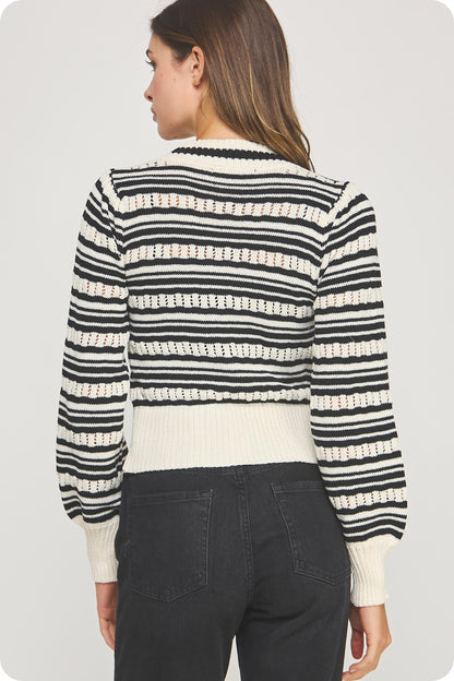 Bow Detail Striped Pointelle Knit Cardigan JK-40154-H-2