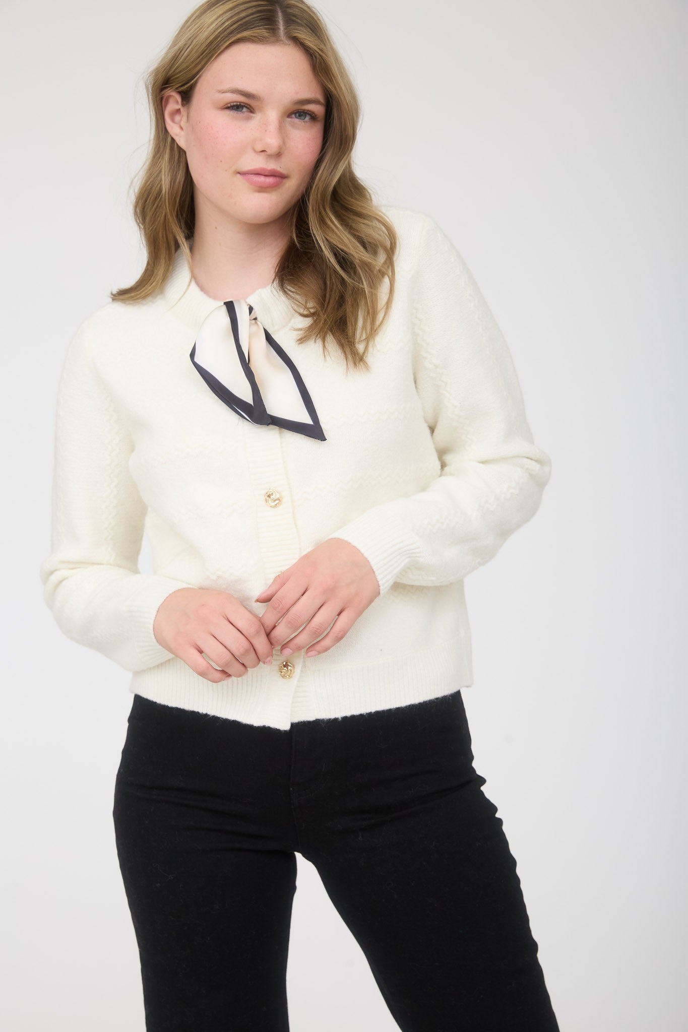 Scarf Neck Detail Button Down Knit Cardigan TWS1154