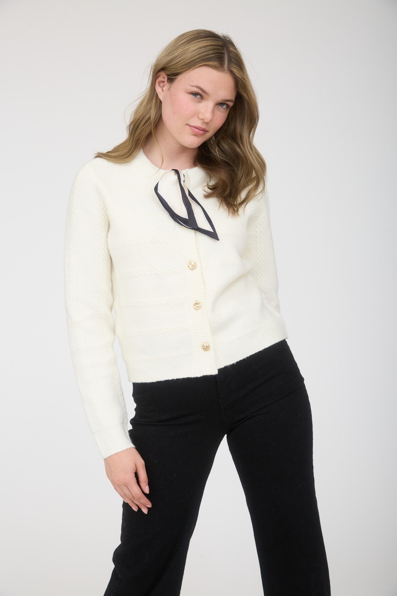 Scarf Neck Detail Button Down Knit Cardigan TWS1154