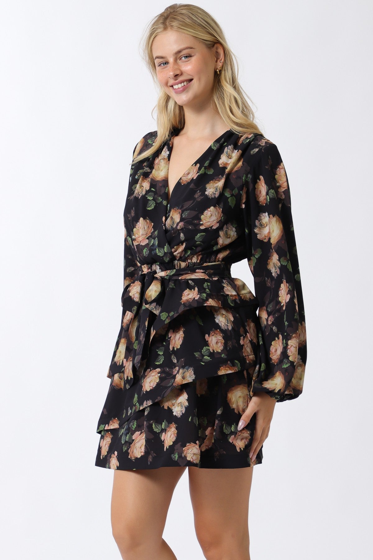 Long Sleeve Tired Mini Dress With Sash Tie Belt DJ32469Y