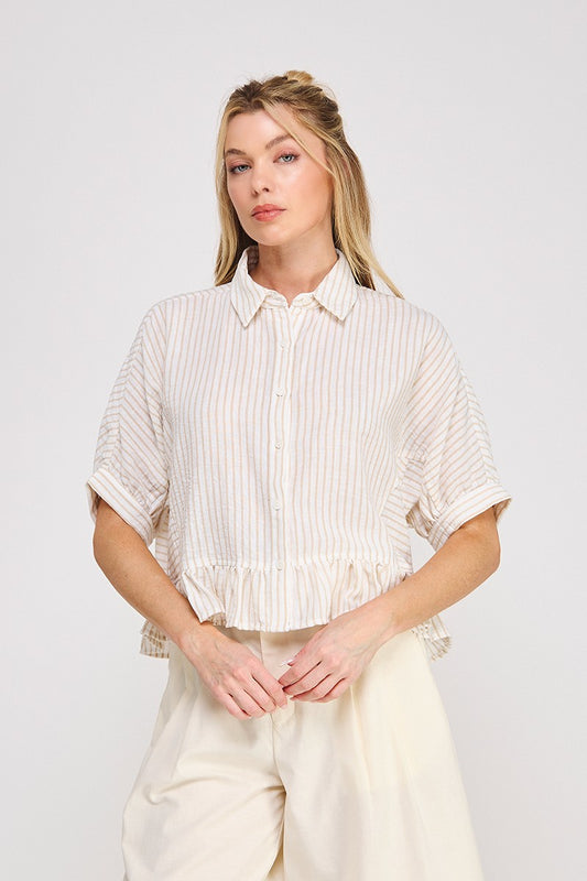 Button Down Striped Ruffle Top  AT9758