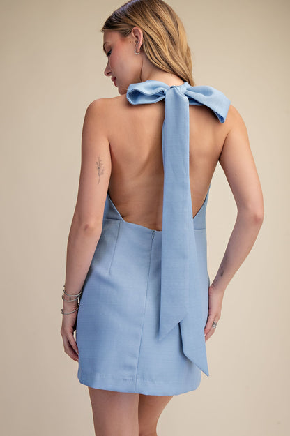 Halter Neck Open Back Bow Mini Dress  D9093