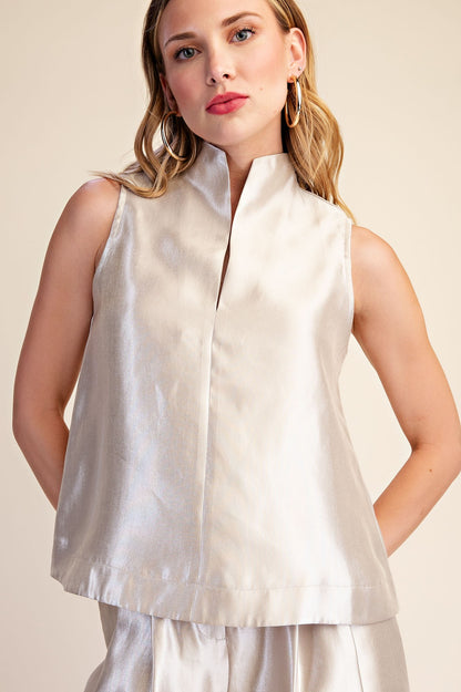 Stand Collar Slit V-neck Sleeveless Top  T8247