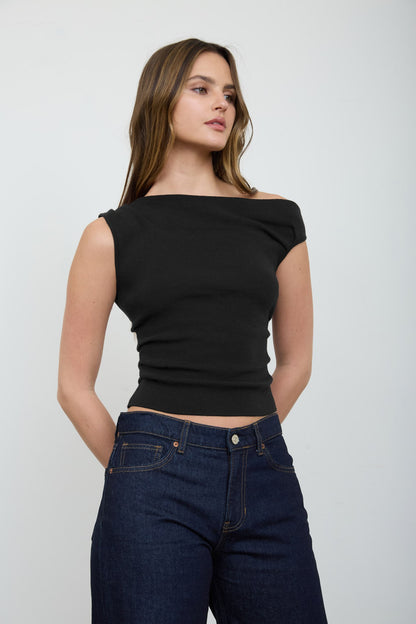 Asymmetric Boat Neck Sweater Top TWS1286
