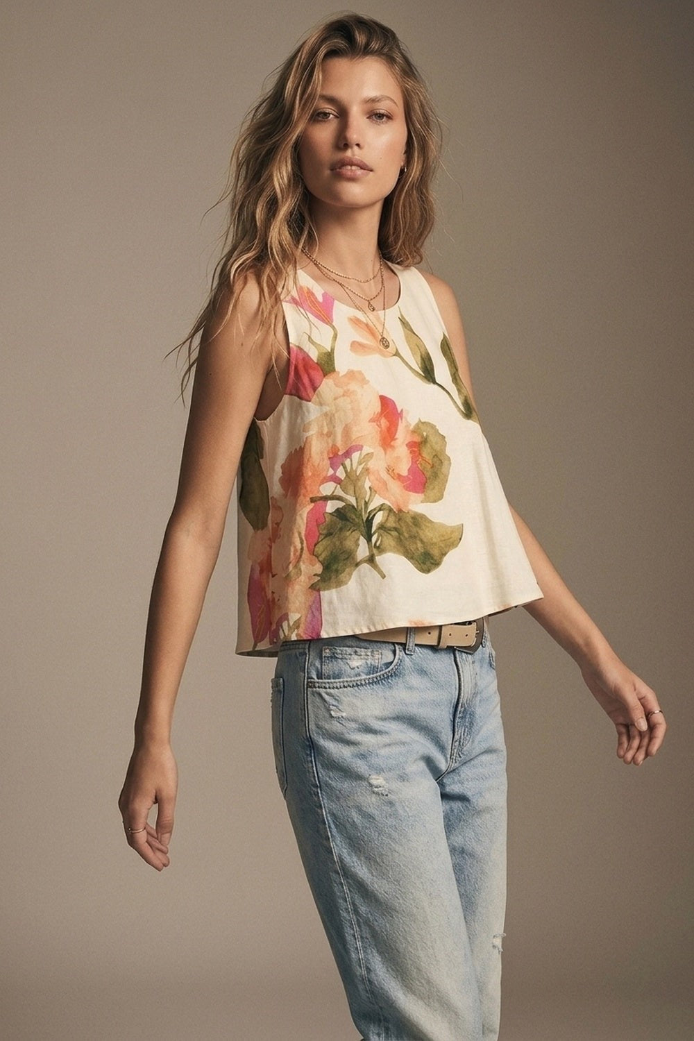 Cream Floral Print Sleeveless Top 4947326