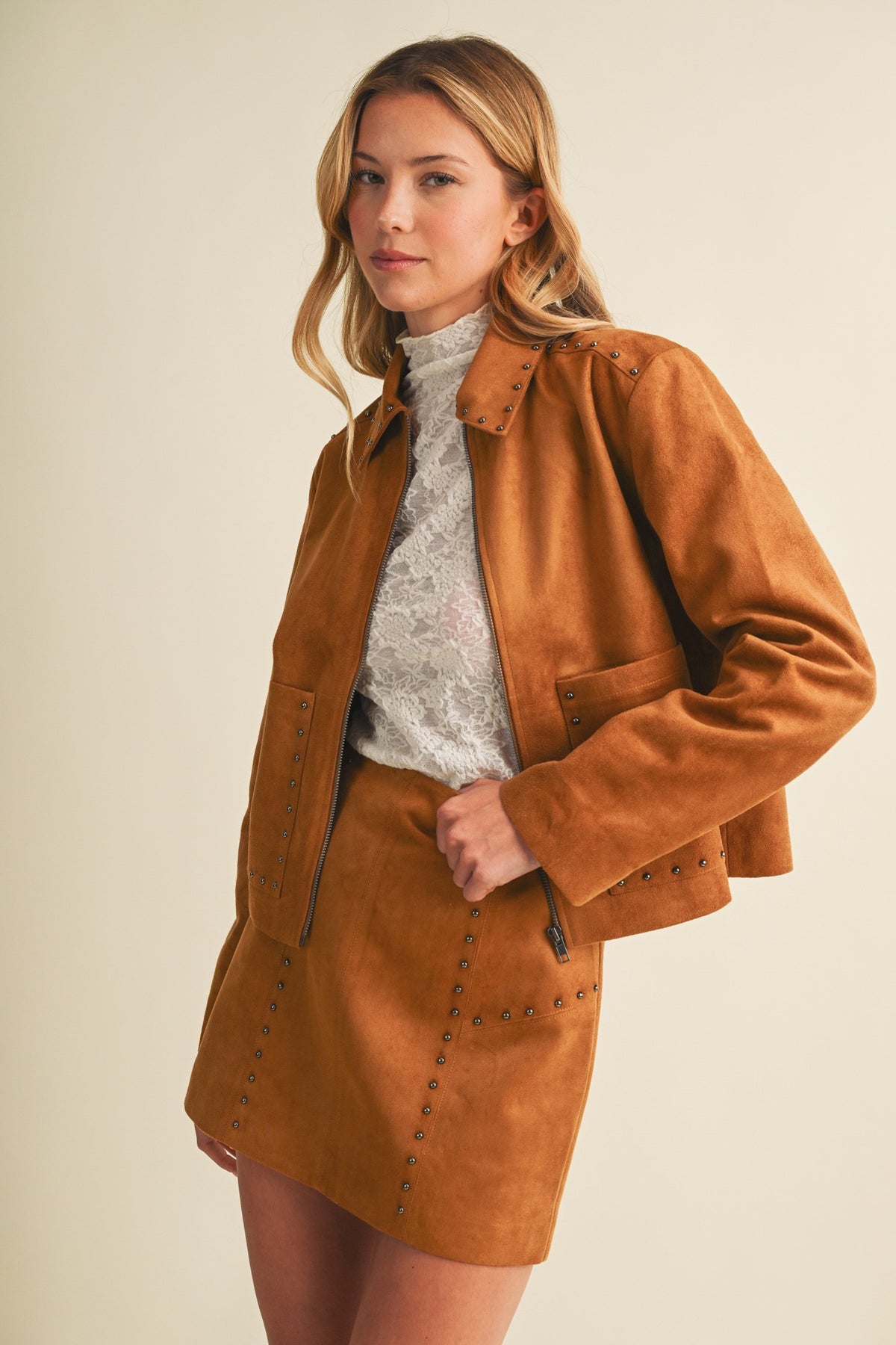 Metallic Stud Faux Suede Jacket  S26763