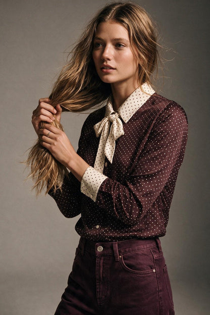 Burgundy Satin Polka-dot Print Blouse 4982341