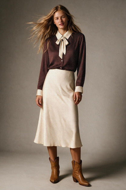 Burgundy Satin Polka-dot Print Blouse 4982341