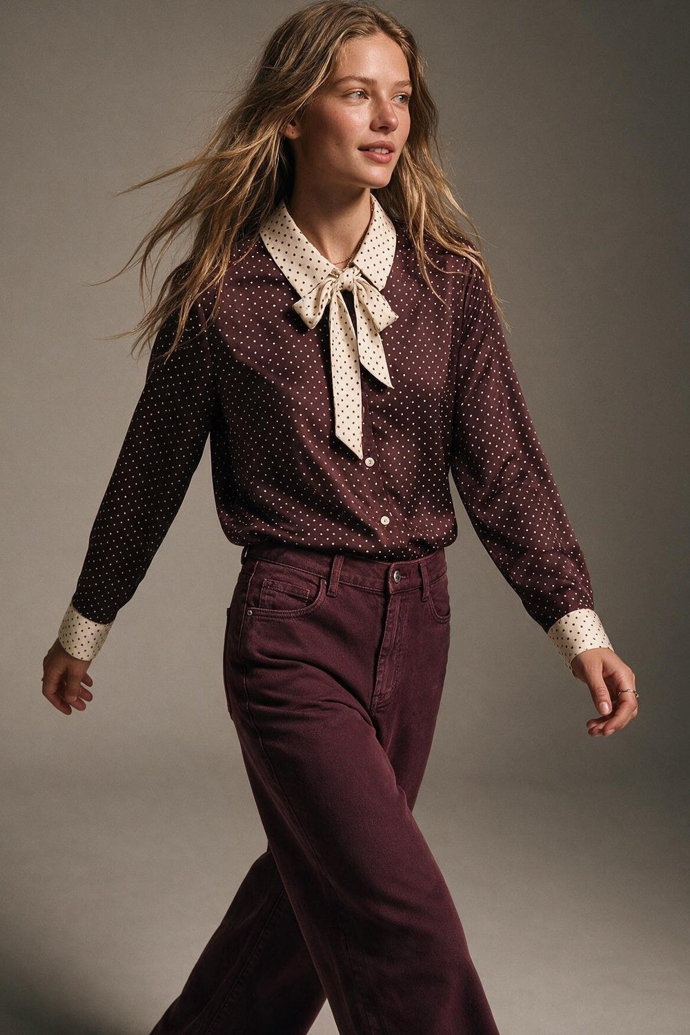 Burgundy Satin Polka-dot Print Blouse 4982341