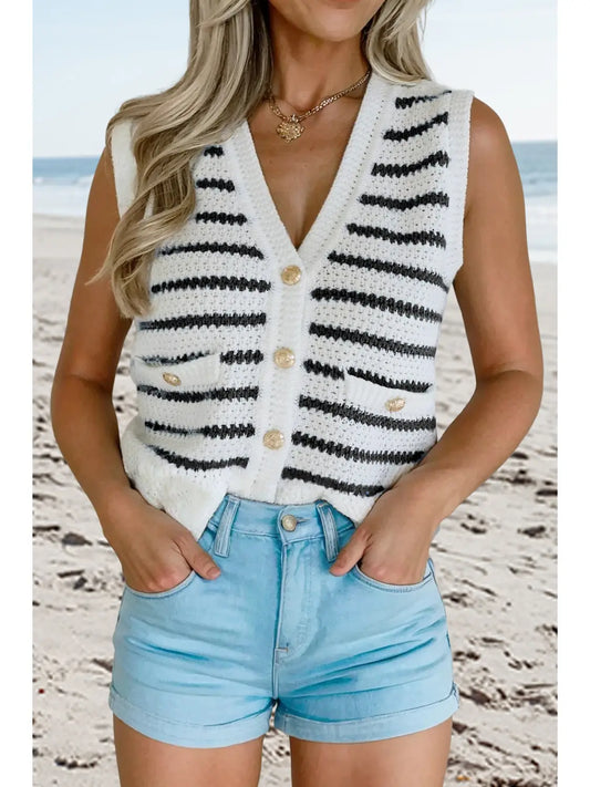 Stripe V Neck Gold Button Sweater Vest APLA274127-P219