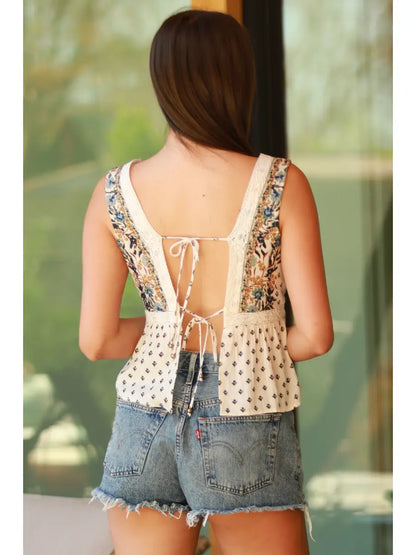 V Neck Lace Trim Tie Back Tank Top C2D17