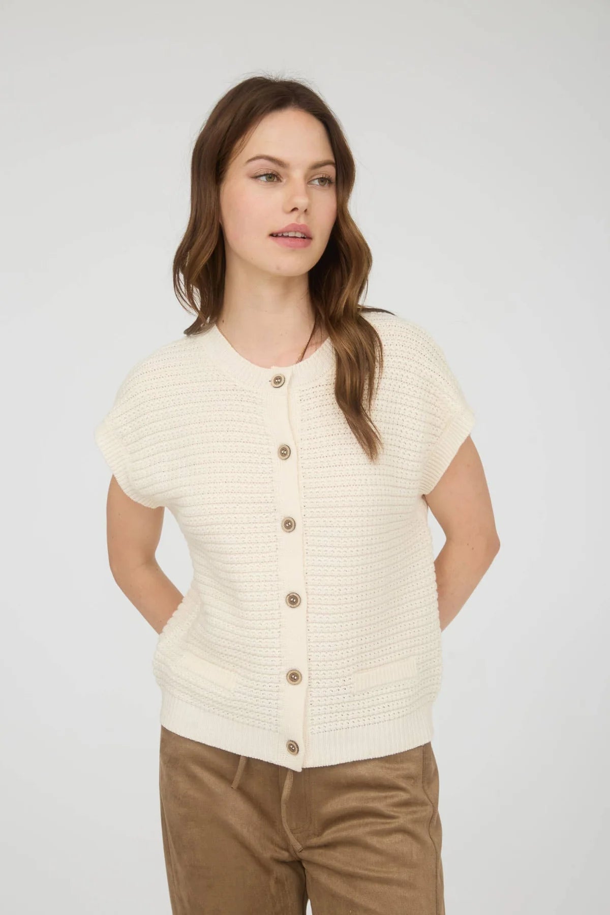 Button Down Short Sleeve Knit Cardigan Vest TW2030