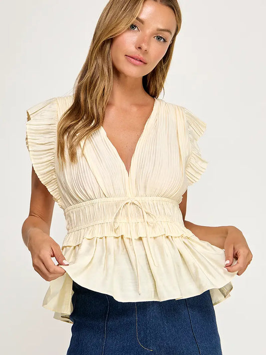 Pleated V Neck Top T293