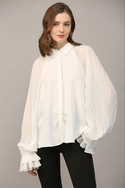 Button Front Voluminous Pleated Sleeve Blouse FT25156
