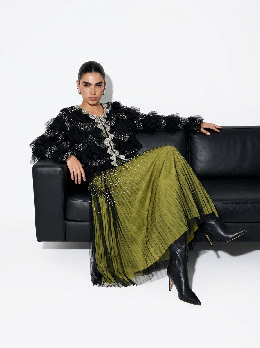 Embellished Ruffle Mesh Jacket  AM4001