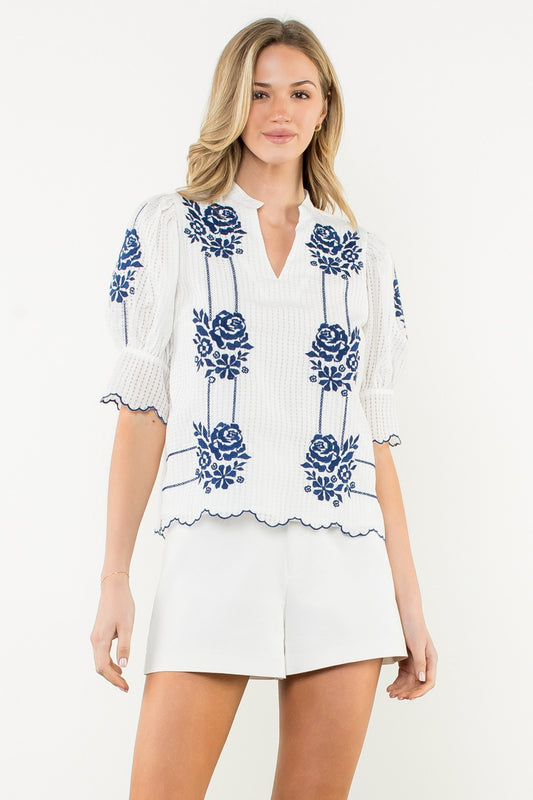 Embroidered Puff Sleeve Stripe Top WCT2972