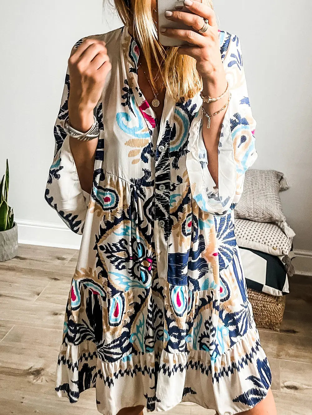 White Printed Bracelet Sleeve Buttoned Mini Dress HY6118388-P120