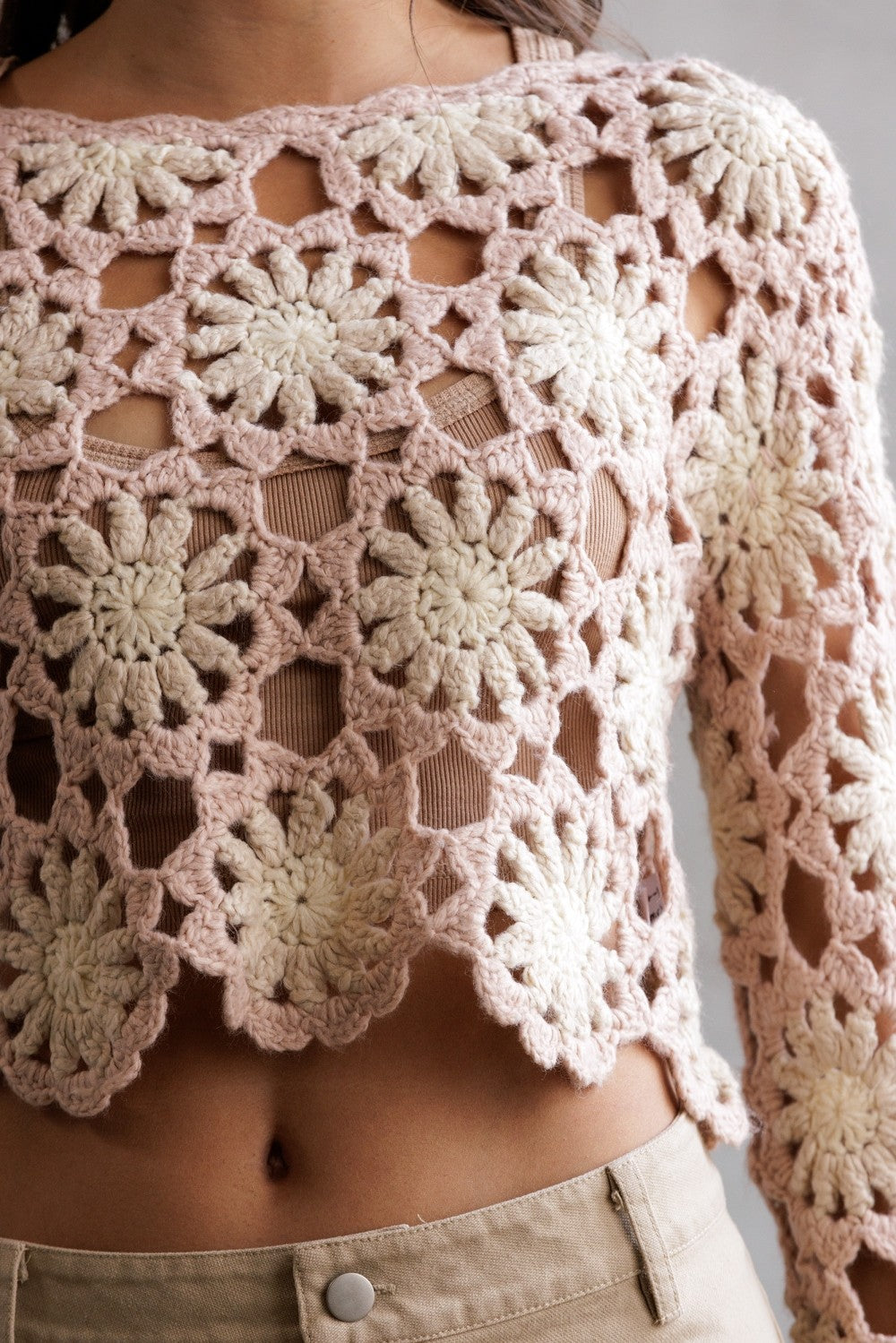Crochet Flower Long Sleeve Crop Top JT4104-1