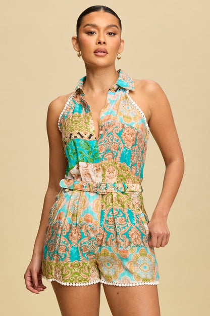 Paisley Stripe Shirt Romper LR11405