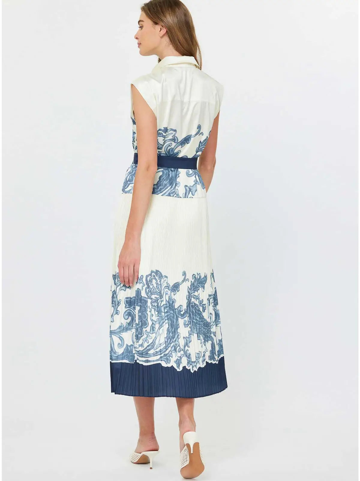 Printed Pleated Midi Shirt Dress w/ Buckle Belt 2590056