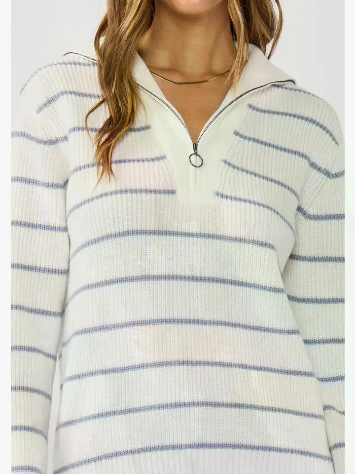 V-Neck Stripe Sweater with Zipper I-51076K-STO