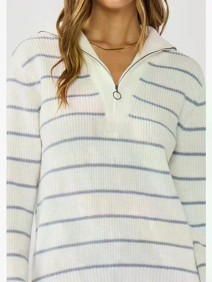 V-Neck Stripe Sweater with Zipper I-51076K-STO