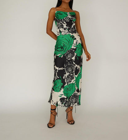 Floral Print Pleated Cowl Neckline Midi Dress 64218B-1