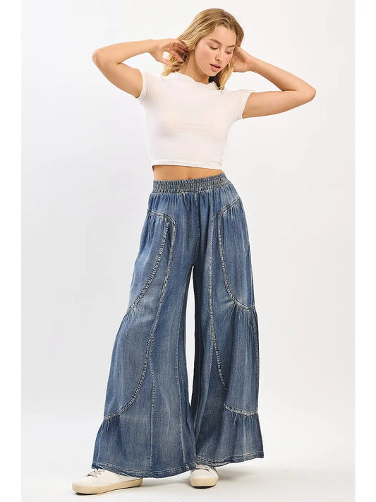 Washed Chambray Tier Detail Wide Leg Pants S70636