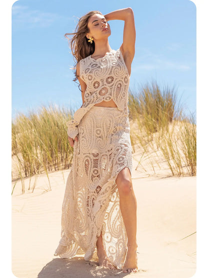 Asymmetric Crochet Top and Skirt Set SET-4641-H